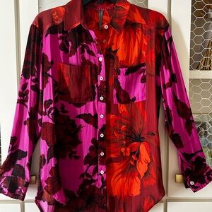 Anthropologie Red and Pink Floral Bouse